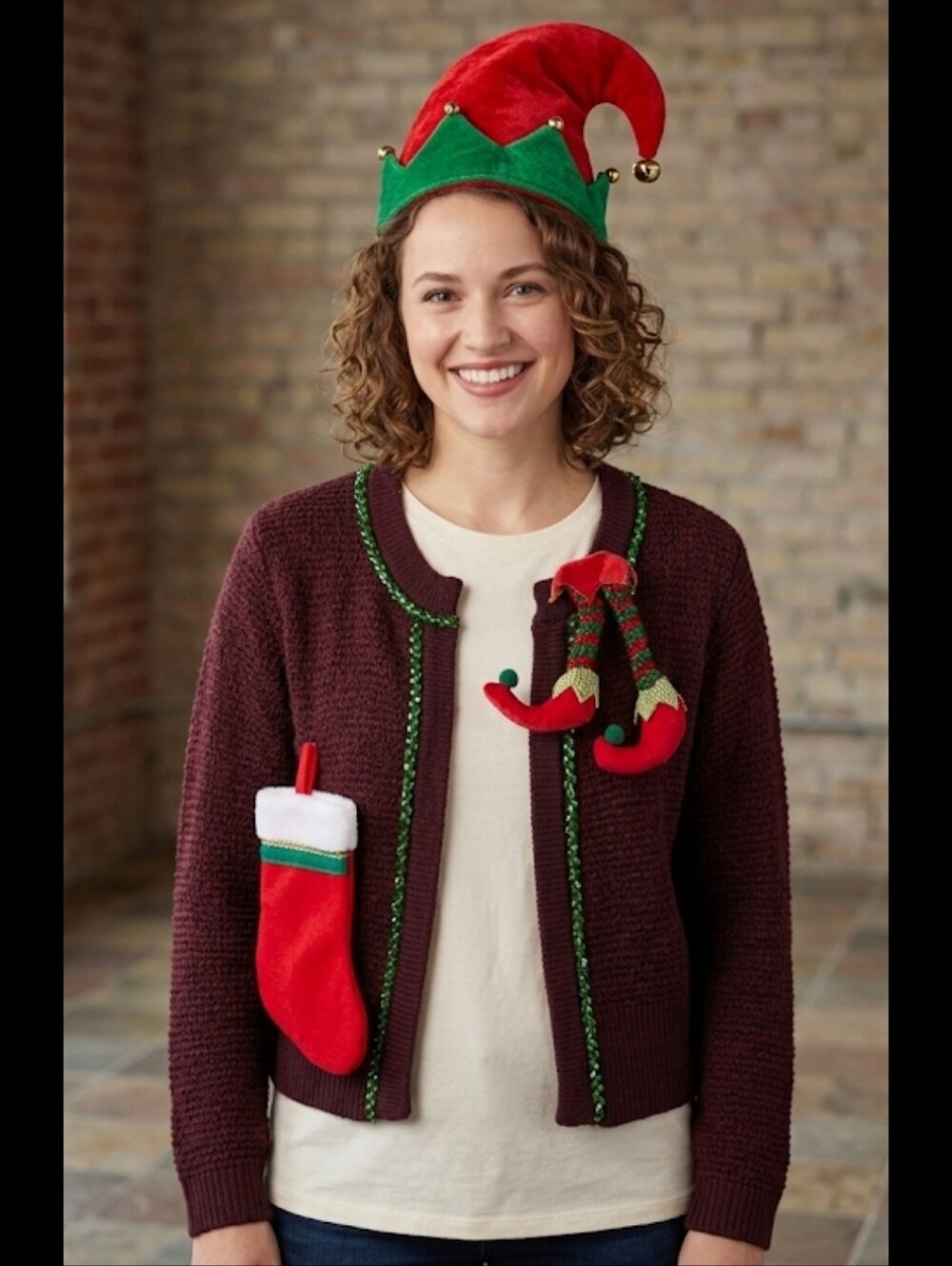 Upcycled Christmas Shrug Sweater M-L Elf Legs Stocking